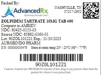 Zolpidem Tartrate 10mg Tab Qty 90 Ndc 80425 0153